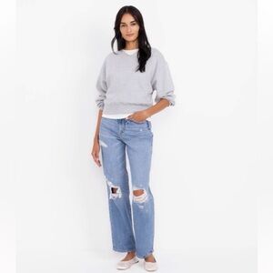 🔥Old Navy | Women's Medium Blue Distressed Mid-Rise Boyfriend Jeans raw hem sz 6